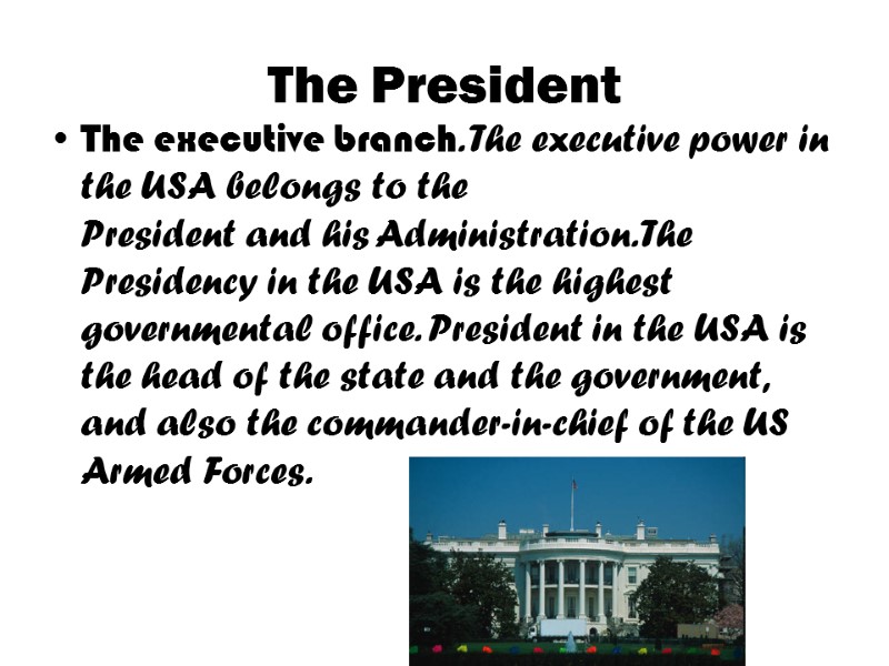 The President The executive branch. The executive power in the USA belongs to the